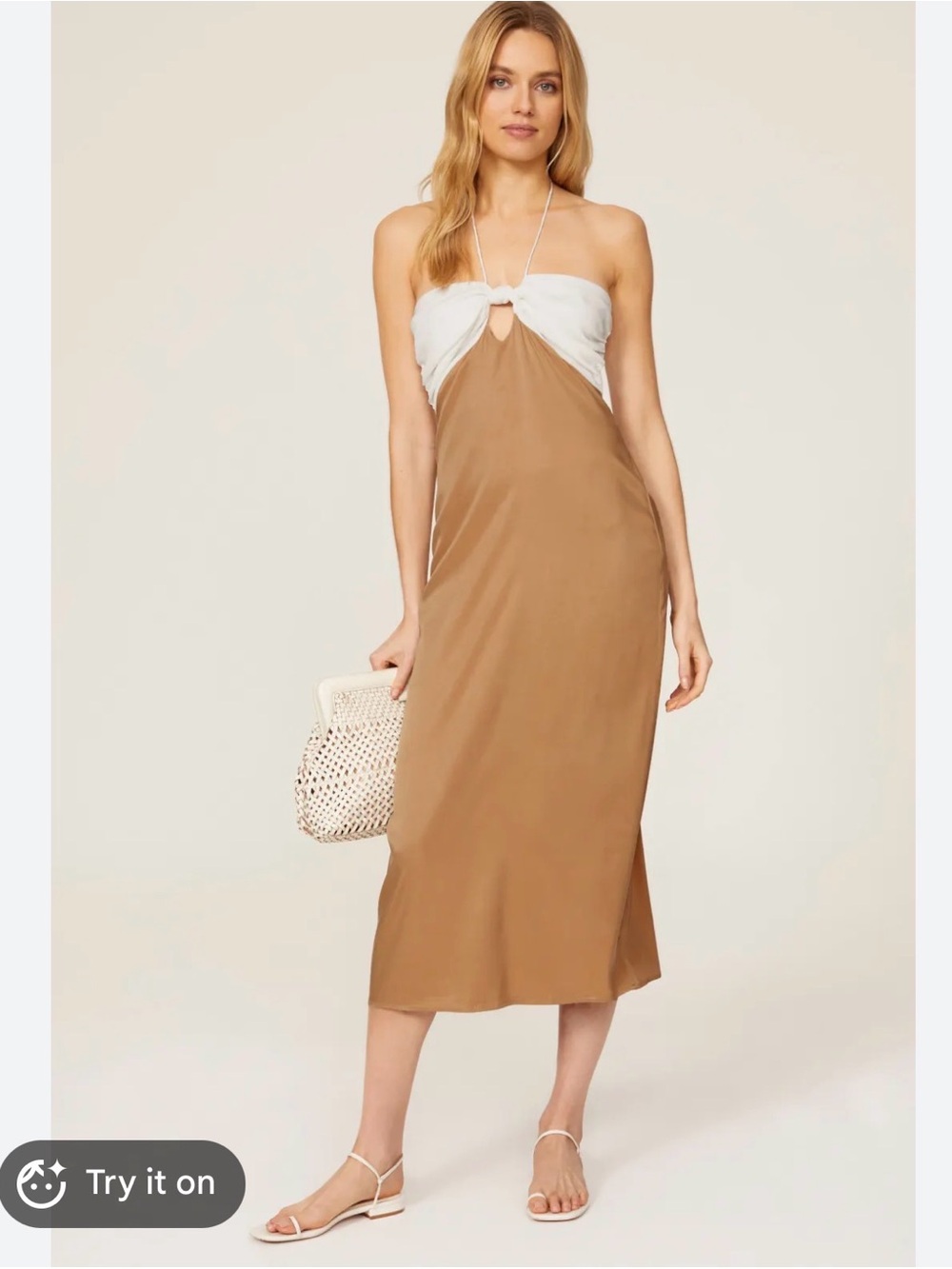 Two-Tone Strapless Satin Dress in Cream and Taupe